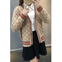 Classic Diamond Print V-Neck Long Sleeve Fitted Cardigan Coat for Women