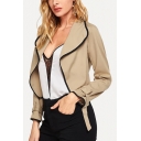 Simple Lapel Collar Adjustable Cuffs Contrast Stitching Khaki Cropped Jacket Coat