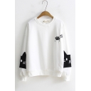 Cute Cat Embroidered Round Neck Long Sleeve Sweatshirt
