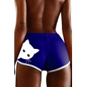 Summer Sweet Elastic Waist Cat Printed Contrast Trim Leisure Sport Shorts