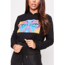 Trendy Colorful Cartoon Face Printed Long Sleeve Drawstring Hem Cropped Hoodie for Women