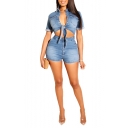 Personalized Rolled Sleeve Knotted Front with High Wait Shorts Blue Denim Co-ords