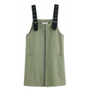 Womens Summer Simple Plain Army Green Buckled Straps Zipper Front Mini Overall Dress