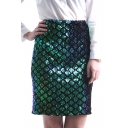 Womens Chic Blue Fish Scale Printed Mini Pencil Skirt
