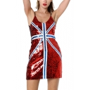 Stylish Flag Stripe Printed V-Neck Womens Sexy Nightclub Mini Sequined Bodycon Slip Dress