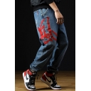 Men's New Trendy Chinese Letter Embroidered Loose Fit Tapered Ripped Jeans