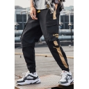 Mens Trendy Letter Printed Colorblack Patched Side Drawstring Waist Elastic Cuffs Casual Sports Cargo Pants