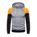 Men's Popular Fashion Colorblock Pacthed Long Sleeve Drawstring Hooded Casual Sports Pullover Hoodie with Pocket