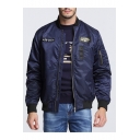 New Trendy Letter MILE FLY Plane Print Badge Patched Zip Closure Long Sleeve Bomber Jacket