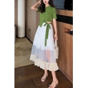 Womens Summer Organza Contrast-Panel Wide Flare Midi A-line Skirt