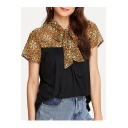 Women's Fashion Floral Patch Print Bow Front Short Sleeve Loose Black Blouse