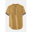 Mens New Trendy Solid Color Button V-Neck Short Sleeve Casual Linen Henley Shirt