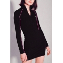 Women's Fashion High Neck Long Sleeve Half-Zip Letter Contrast Piping Mini Bodycon Dress