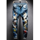 Men's New Fashion Colored Printed Embroidery Detail Blue Regular Fit Ripped Jeans