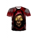 Summer Mans Red Short Sleeve Round Neck Golden Eyes Skull Printed Leisure T Shirt