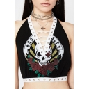 Black Lace Up Front Sleeveless Backless Tie Back Skull Printed Slim Fitted Cropped Tank Tee