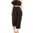 Designer Unique Simple Plain Ruffled Crop Bandeau Top with Layered Maxi Shift Skirt Two-Piece Set