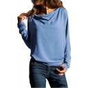 Fashion Unique Cowl Neck Long Sleeve Simple Plain Casual Leisure T-Shirt