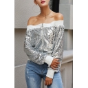 Womens Stylish Silver Long Sleeve Zip Up Sequined Off Shoulder Jacket