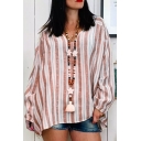 Womens Classic Pink Striped Print Long Sleeve V-Neck Loose Casual Shirt Blouse