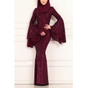 Hot Fashion Round Neck Tiered Ruffle Sleeves Sequined Plain Bodycon Dress