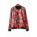Womens New Fashion Polka Dot Floral Pattern Panel Long Sleeve Zipper Short Flight Jacket