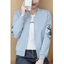 Stand Collar Pure Color Embroidery Floral Long Sleeve Short Baseball Jacket Coat For Lady