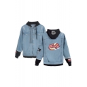 New Stylish Letter KIRBY Printed Ripped Long Sleeve Button Down Hooded Denim Jacket Coat