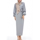Moslem Hot V-Neck Puff Sleeve Bow-Tied Waist Gray Sheath Column Maxi Dress