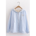 Students Preppy Style Cat Embroidery Bow Embellished Zip Up Hooded Jacket