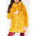 Ladies Soft Plain Lapel Collar Oversized Rabbit Faux Fur Long Coat