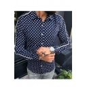 Mens Long Sleeve Lapel Collar Button Front Polka Dot Printed Slim Fit Shirt