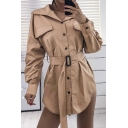 Womens New Stylish Lapel Collar Long Sleeve Belted Waist Khaki Button Down Trench Coat