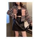 Womens Vintage Green Plaid Printed Long Sleeve Notched Lapel Collar Button Down Short Jacket