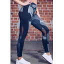 Fashion Camo Printed Sheer Mesh Panel High Rise Skinny Fit Yoga Leggings Pants