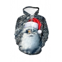 Christmas Creative Santa Claus 3D Printed Long Sleeve Loose Fit Dark Grey Pullover Drawstring Hoodie