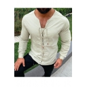 Mens New Trendy Basic Solid Color Long Sleeve Drawstring Front Sport Casual Linen Shirt