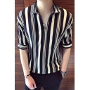 Men's Hot Fashion Striped Printed Half Sleeve Casual Black And White Loose Pullover Shirt