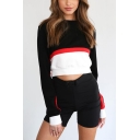 New Fashion Round Neck Long Sleeve Cropped Color block Pullover Sweatshirt