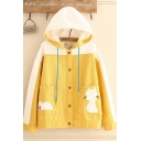 Girls Preppy Hooded Cartoon Cat Big Pockets Loose Colorblocked Single-Breasted Coat Jacket