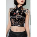 New Stylish Vintage Halter Neck Sleeveless Cutout Floral Print Cropped Black Tee For Women