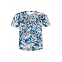 White and Blue Creative 3D Check Geometric Pattern Round Neck Short Sleeve T-Shirt