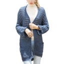 Autumn Winter New Blue Plain Batwing Long Sleeve Open-Knit Cardigan with Pockets
