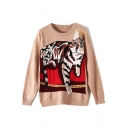 Lovely Tiger Print Round Neck Drop Sleeve Knitwear Sweater for Women