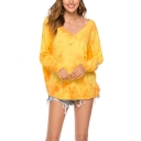 Womens Casual Yellow Tie-Dyed Color Print V-Neck Drop Sleeve Sweater