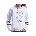 Hot Sweet White Striped Sleeve Who Care Cartoon Cat Letter Printed Pullover Hoodie