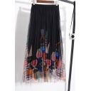 Summer Elastic Waist Cartoon Graffiti Printed Midi Pleated Mesh Skirt