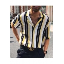 Summer Lapel Collar Striped Print Button Down Casual Loose Shirt