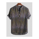 Summer Hot Stylish Rolled Sleeve Henley Neck Button Front Striped Print Loose Shirt