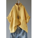 Womens Hot Trendy Solid Color Rolled Sleeve Loose Fit Linen Shirt Blouse
